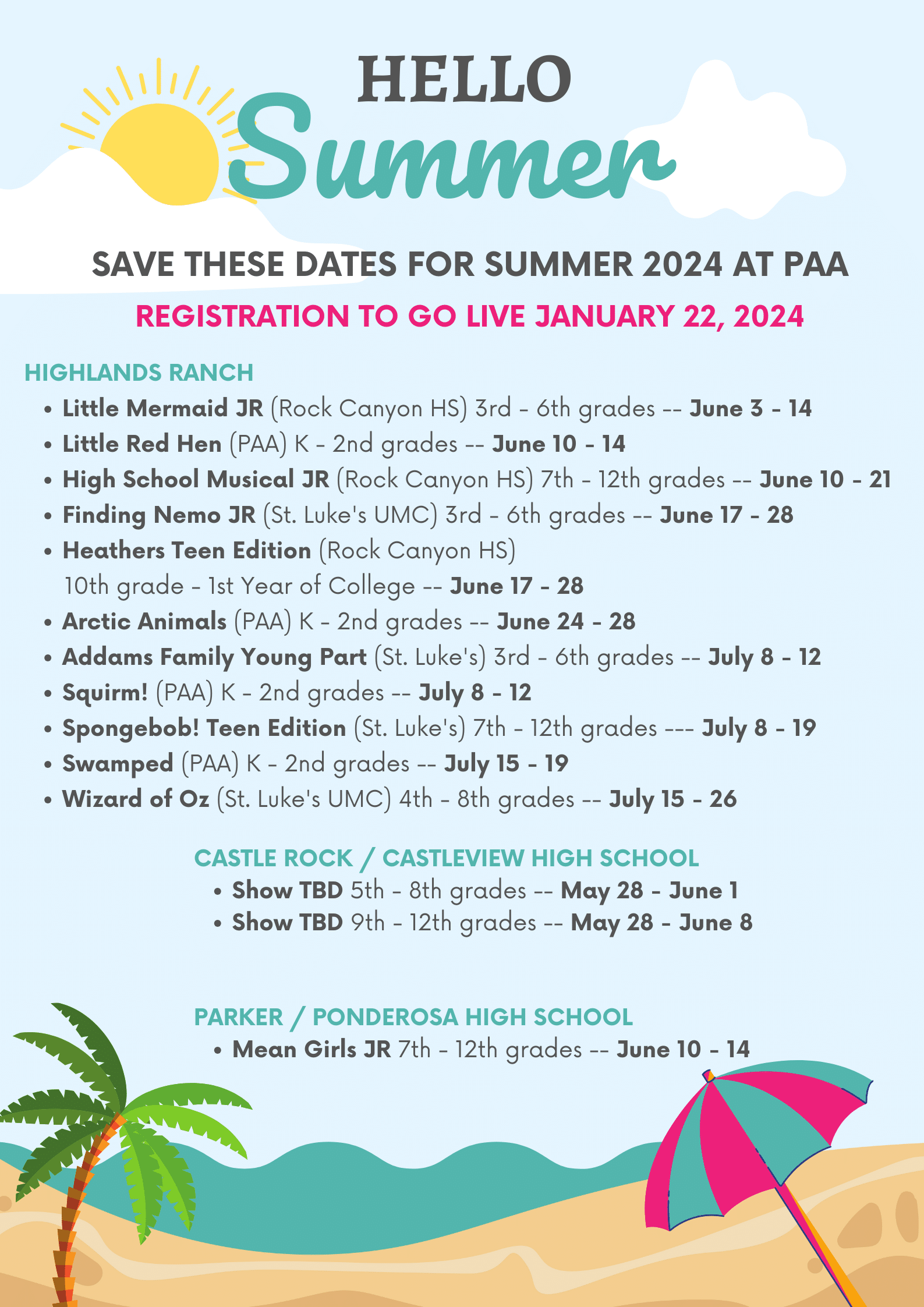 PAA Kids Performing Arts Summer Camp Schedule in Highlands Ranch Colorado